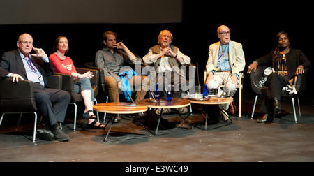 Aberystwyth, Wales, UK. 29. Juni 2014.  Lautsprecher-Panel nimmt Fragen aus dem Publikum auf dem Auge International Photography Festival 2014.  Von links nach rechts: Arthur Edwards MBE (Royal Fotograf, der Sonne), Sophie Batterbury (Head of Pictures, The Independent - Panel Stuhl), Justin Maxon, Ian Berry (Magnum), David Hurn (Magnum), Angele Etoundil Essamba - 29. Juni 2014 - Bildnachweis: John Gilbey/Alamy Live News. Stockfoto