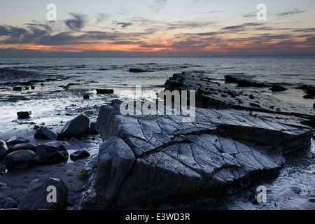 Platte aus Kalkstein Pflaster durch Ebbe am East Quantoxhead, Bestandteil der Kilve-Küste ausgesetzt. Stockfoto