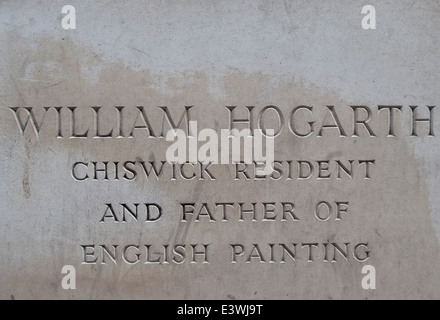 Inschrift auf Jim Mathieson 2001 Bronze Statue von William Hogarth, Chiswick, London, England Stockfoto