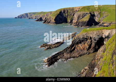 Zerklüftete Küste in der Nähe von Ceibwr Bay und entlang der Küste von Pembrokeshire, West Wales Stockfoto