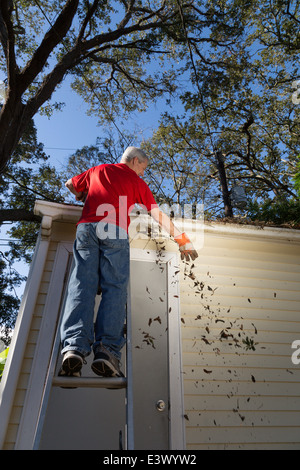 Reifer Mann Reinigung Haus Dachrinnen, USA Stockfoto