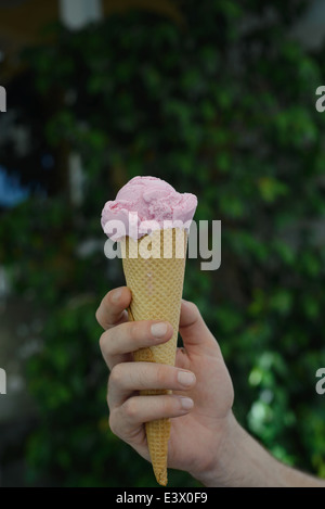 Hand mit Rosa Eis Stockfoto