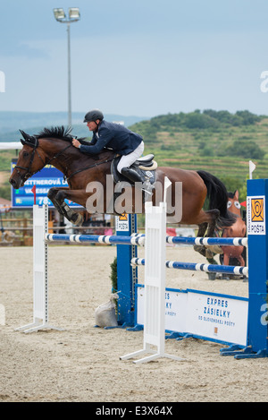 Henrich zu verspotten (SVK) auf Pferd springt Jopas Hürde auf Rozalka WM 2014 am 29. Juli 2014 in Pezinok, Slowakei Stockfoto