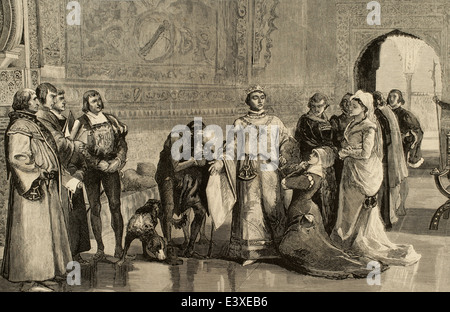 Eleanor von Kastilien (1307-1359), Queen consort von Aragon, Suche nach Gerechtigkeit König Peter i. von Kastilien. Gravur. Stockfoto