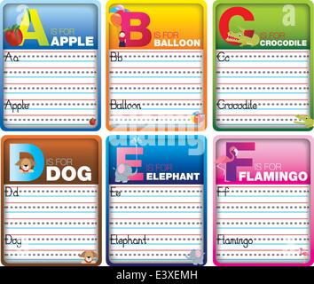 Kinder-Alphabet Schreiben von Karten mit Comic-Figuren auf weißem Stock Vektor