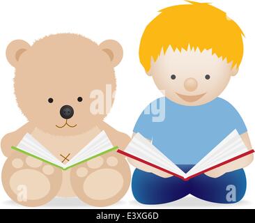 Kleine Junge Kleinkind und Teddy Bär ein Buch zu lesen Stock Vektor