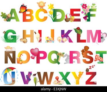 Ganze Alphabet mit niedlichen Cartoon Illustrationen basierend auf Natur und Sommer vertreten Stock Vektor