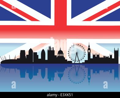 Skyline von London mit Flagge und Reflexion von Gebäuden an der Themse Stock Vektor