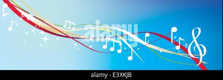 Musiknoten und abstrakte Linien und wirbelt auf blau Stock Vektor