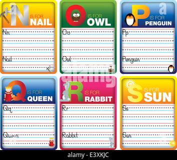 Kinder-Alphabet Schreiben von Karten mit Comic-Figuren auf weißem Stock Vektor