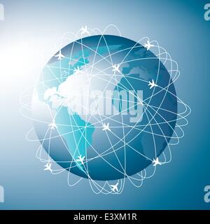 Flugzeug-Routen rund um Erde, Abbildung eines blauen Globus Stock Vektor