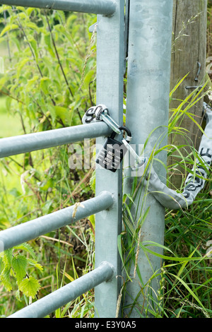 Kombination Vorhängeschloss und Kette auf verzinktem Metall Stahltor und post Stockfoto