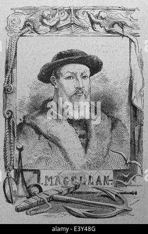 Ferdinand Magellan (1480-1521). Portugiesischer Seefahrer und Entdecker. Ersten Feldzug, die Welt zu umrunden. Gravur. Stockfoto