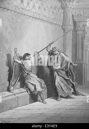 Sault versucht das Leben des David. (Ich Samuel 18:11). Alten Testament. Stockfoto