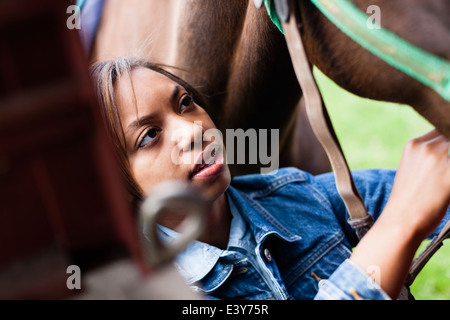 Fellpflege Pferd Reiter Stockfoto