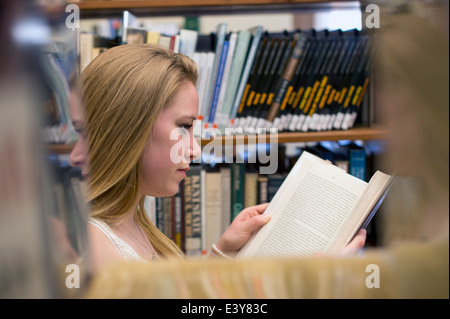 Junge Frau Lesebuch in Bibliothek Stockfoto