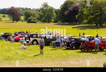 East Devon, England. Eine Auswahl an klassischen Oldtimer bei einer Fete und Gartenparty im Sommer. Stockfoto