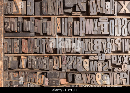 Sammlung von verschiedenen Holz-Art-Buchstaben für den Druck Stockfoto