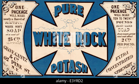 Reiner weißer Rock Pottasche - Etikett für Pure White Rock Kali-Konzentrat zur Herstellung von Seife, ca. 1867 Stockfoto