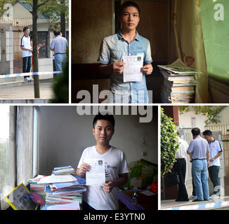 (140702)--YICHUN, 2. Juli 2014 (Xinhua)--Kombination Foto aufgenommen am 2. Juli 2014 zeigt Liu Yanbing(Up, R) und Yi Zhengyong(Down, L) bereiten sich auf eine exklusive College-Aufnahmeprüfung in Yichun, Osten Chinas Jiangxi Provinz zu nehmen. Liu Yanbing und Yi Zhengyong, beide aus Nr. 3 Middle School in Yichun, wurden während eines Kampfes gegen einen Angreifer, die Passagiere auf einem Bus am 31. Mai stechend war, schwer verletzt. Sie waren nicht in der Lage, die nationale College-Aufnahmeprüfung am 7. Juni und 8 nehmen, wie sie noch von ihren Verletzungen erholten. Es ist das erste Mal Jiangxi Bildungsbehörde organisiert hat Stockfoto