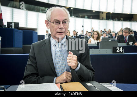 Straßburg, Bxl, Frankreich. 2. Juli 2014. Herman Van Rompuy, der Präsident des Europäischen Rates hält eine Rede am zweiten Tag der Plenarsitzung Hauptquartier der Europäischen Parlaments in Straßburg auf 02.07.2014 Credit: Wiktor Dabkowski/ZUMA Draht/Alamy Live News Stockfoto