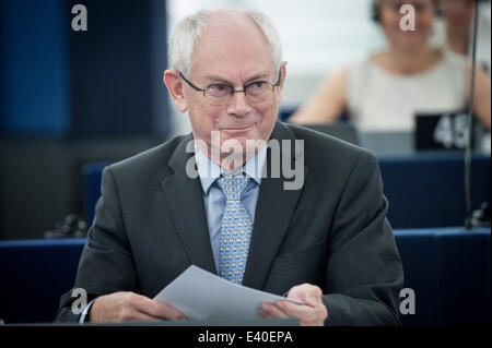 Straßburg, Bxl, Frankreich. 2. Juli 2014. Herman Van Rompuy, der Präsident des Europäischen Rates hält eine Rede am zweiten Tag der Plenarsitzung Hauptquartier der Europäischen Parlaments in Straßburg auf 02.07.2014 Credit: Wiktor Dabkowski/ZUMA Draht/Alamy Live News Stockfoto