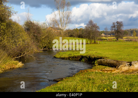 Blick auf Flusses Rulles in Habay-la-Vieille in den belgischen Ardennen, einschließlich einen Biber Damm im Fluss Stockfoto