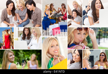 interracial Mischlinge Gruppe von Frauen genießen einen modernen aktiven Lebensstil entspannen zu Hause, draußen, Online, Einkaufen, trinken Stockfoto