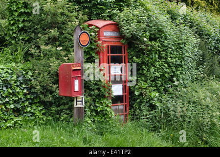 Eine alte Telefonzelle in Herefordshire, England, verlor fast in der verwilderten Hecke mit einem Royal Mail-Briefkasten Stockfoto