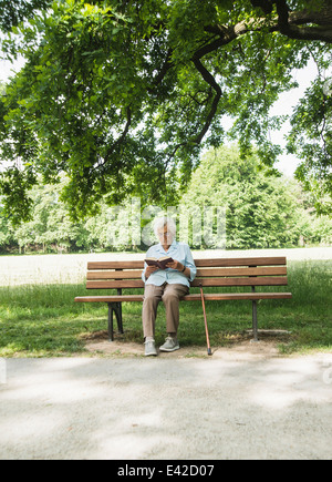 Ältere Frau sitzen auf der Parkbank, die Bibel zu lesen Stockfoto