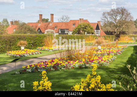 Hell violett und gelb Tulpen in Blumenbeete und Grenzen im Frühling und Labor an der RHS botanische Gärten, Wisley, Surrey, Großbritannien Stockfoto