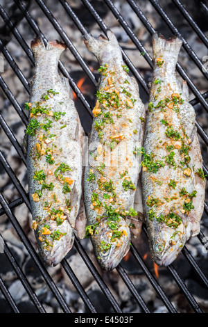 Gegrillter Fisch mit Zitrone und Gewürzen Stockfoto