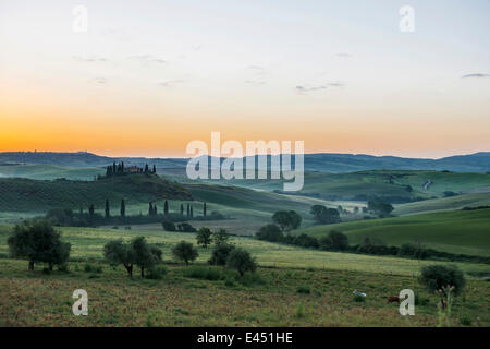 Landschaft mit Hügeln und Gehöft mit Zypressen, Sonnenaufgang, Val d ' Orcia, UNESCO-Weltkulturerbe Stockfoto