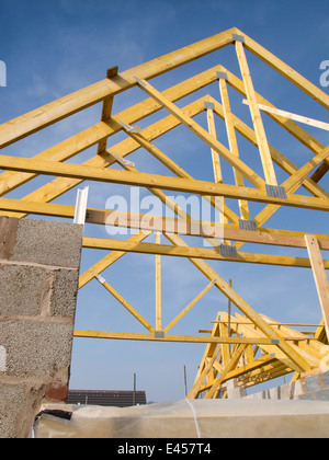 Selbstbau-Haus, Bau, Dach, Dachstühle in Position fixiert Stockfoto