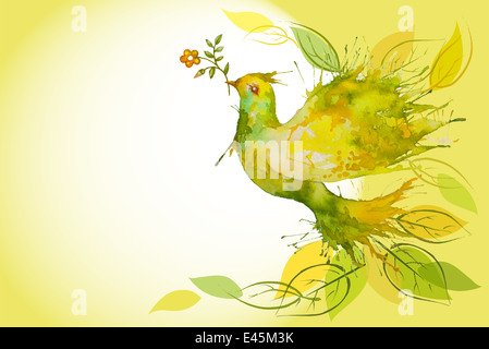 Aquarell grüne Taube fliegen mit Blumen und Blätter Stockfoto