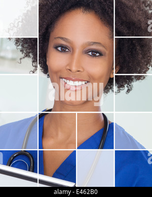 Raster-Montage eine afroamerikanische Frau, Krankenschwester Arzt im Krankenhaus mit einem Tablet-Computer und Stethoskop. Stockfoto