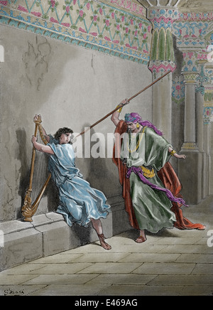 Sault versucht das Leben des David. (Ich Samuel 18:11). Spätere Färbung. Stockfoto