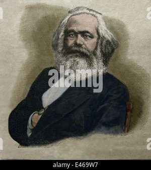 Karl Marx (1818-1883). Deutscher Philosoph und revolutionären sozialistischen. Porträt. Gravur. Farbe. Stockfoto