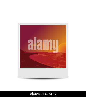 Abbildung Photoframe mit Sonnenuntergang Strand Hintergrund Stockfoto