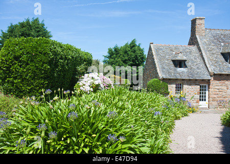 Altes traditionelles Haus mit Garten in der Bretagne, Frankreich Stockfoto