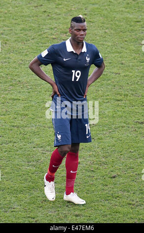 Rio De Janeiro, Brasilien. 4. Juli 2014. Paul Pogba von Frankreich reagiert während der FIFA WM 2014 Viertel Finale Fußballspiel zwischen Frankreich und Deutschland im Estadio Maracana in Rio De Janeiro, Brasilien, 4. Juli 2014. Foto: Marcus Brandt/Dpa/Alamy Live News Stockfoto