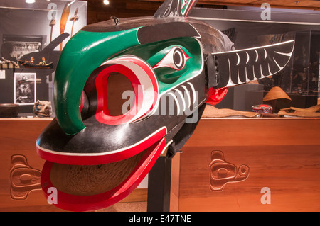 Zeremonialmasken der First Nation in haida im U’Mista Cultural Centre, Alert Bay, Vancouver Island, British Columbia, Kanada. Stockfoto
