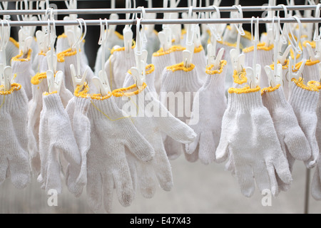 Die weißen Handschuhe sind nach dem Waschen trocken. Stockfoto