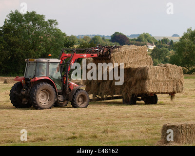 Bauern laden Heuballen auf einen Anhänger, Wiltshire, UK Stockfoto