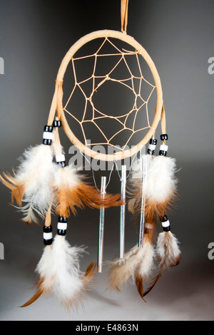 Native American Dream Catcher aus Weide Schilf mit losen Netting und verziert mit Federn, Perlen und Anhänger der Wind. Stockfoto