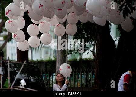 Jakarta, Indonesien. 5. Juli 2014. Eine Frau hält Luftballons mit Bildern von indonesischen Präsidentschaftskandidaten während einer Kampagne in Jakarta, Indonesien, 5. Juli 2014. Indonesien hält die Präsidentschaftswahlen am 9. Juli. © Veri Sanovri/Xinhua/Alamy Live-Nachrichten Stockfoto