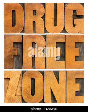 Medikament Freizone Wort abstrakt in Vintage Buchdruck Holzart Stockfoto