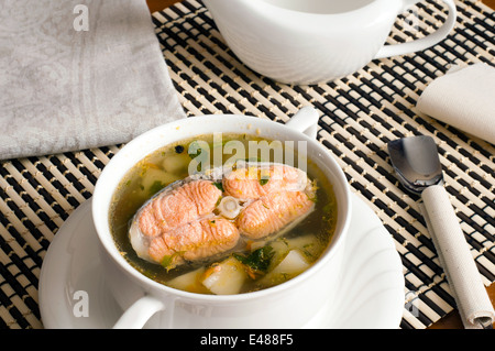 Fisch Suppe Diät schlank schnell Forelle Lachs rot grün frischer Fenchel Zwiebeln weiß Tisch Tischdecke Geschirr essen Fertiggerichte Suppenterrine Stockfoto