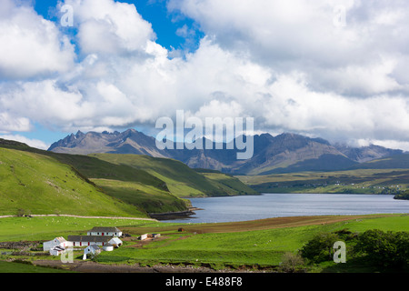 Cuillin Gebirge - Cullins - Croft Farm, Schafe und Loch Harport auf Isle Of Skye in den Highlands und Inseln Schottlands Stockfoto