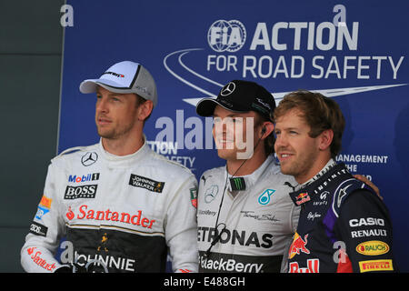 Silverstone, Northants, Großbritannien. 5. Juli 2014. Britische Formel 1 Grand Prix, Qualifikation. Pole-Podium zeigt 1. Nico Rosberg, 2. Sebastian Vettel und 3. Jenson Button für Sonntag Rennen starten Credit: Action Plus Sport/Alamy Live News Stockfoto